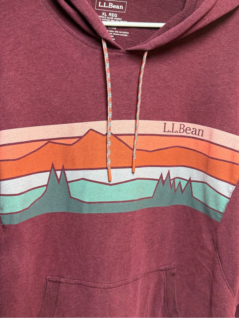 L.L.Bean Maroon Pullover Hoodie with Multicolor Drawcord - Picture 5 of 6